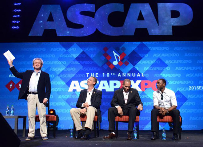 HOLLYWOOD - MAY 2: From left, ASCAP President Paul Williams, U.S. Representative Doug Collins, U.S. Representative Hakeem Jeffries, and Aloe Blacc speak at Washington DC: How New Laws and Copyright Changes Will Impact Music Creators at the ASCAP "I Create Music" EXPO at the Loews Hollywood Hotel on May 2, 2015 in Hollywood, California. (Photo by Tonya Wise/PictureGroup)